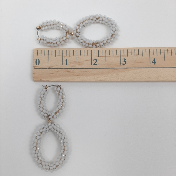 White Seed Bead and Gold Tone Statement Drop Earrings - Picture 5 of 5